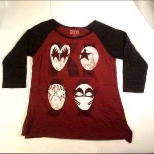 KISS Shirt, Maroon w/ black 3/4” length Sleeves, Women’s Large.